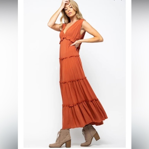 Shop Neighbor Rust Sleeveless Tiered Ruffle Maxi Dress - Picture 1 of 9